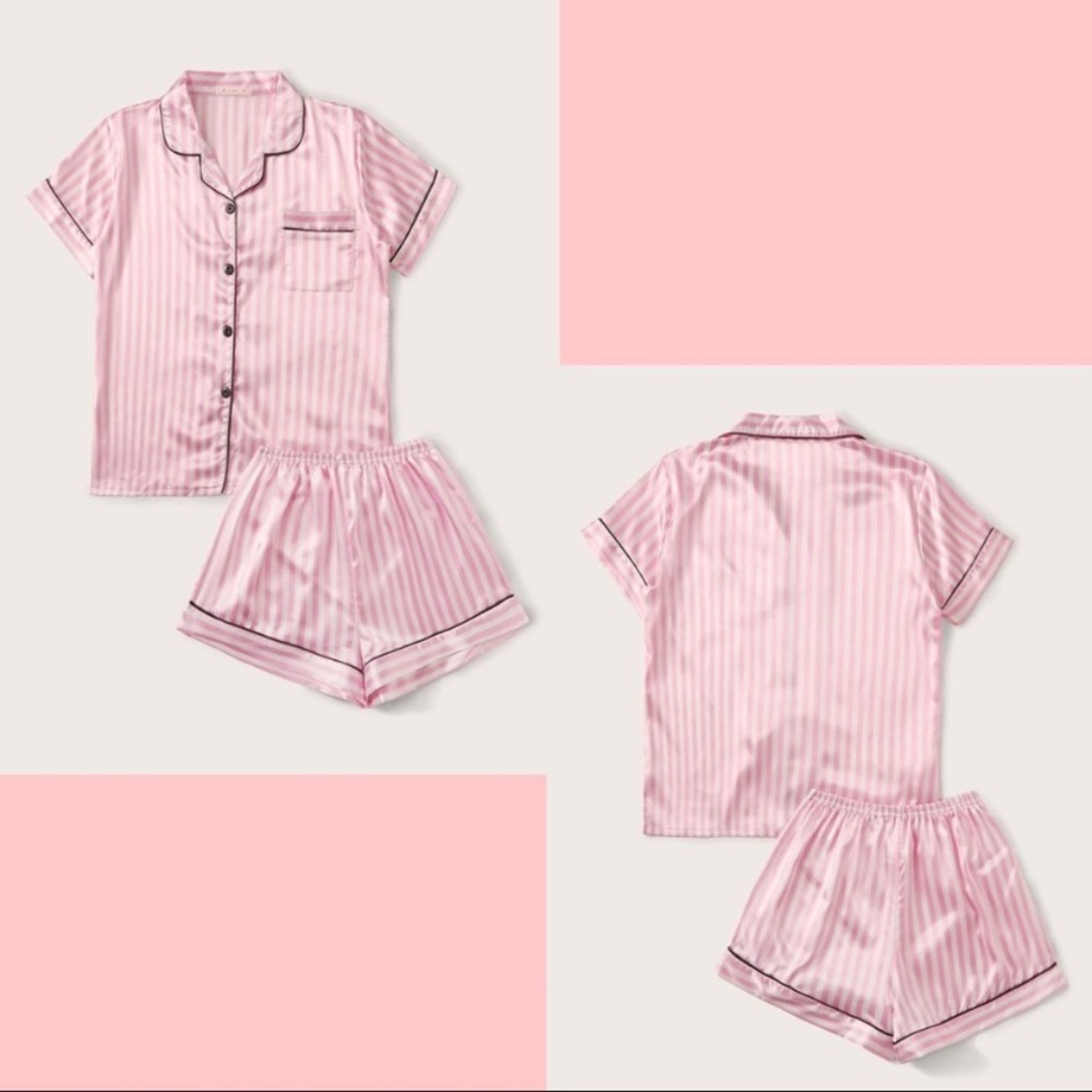 New Pink Striped Satin Silk-Like PJ Set